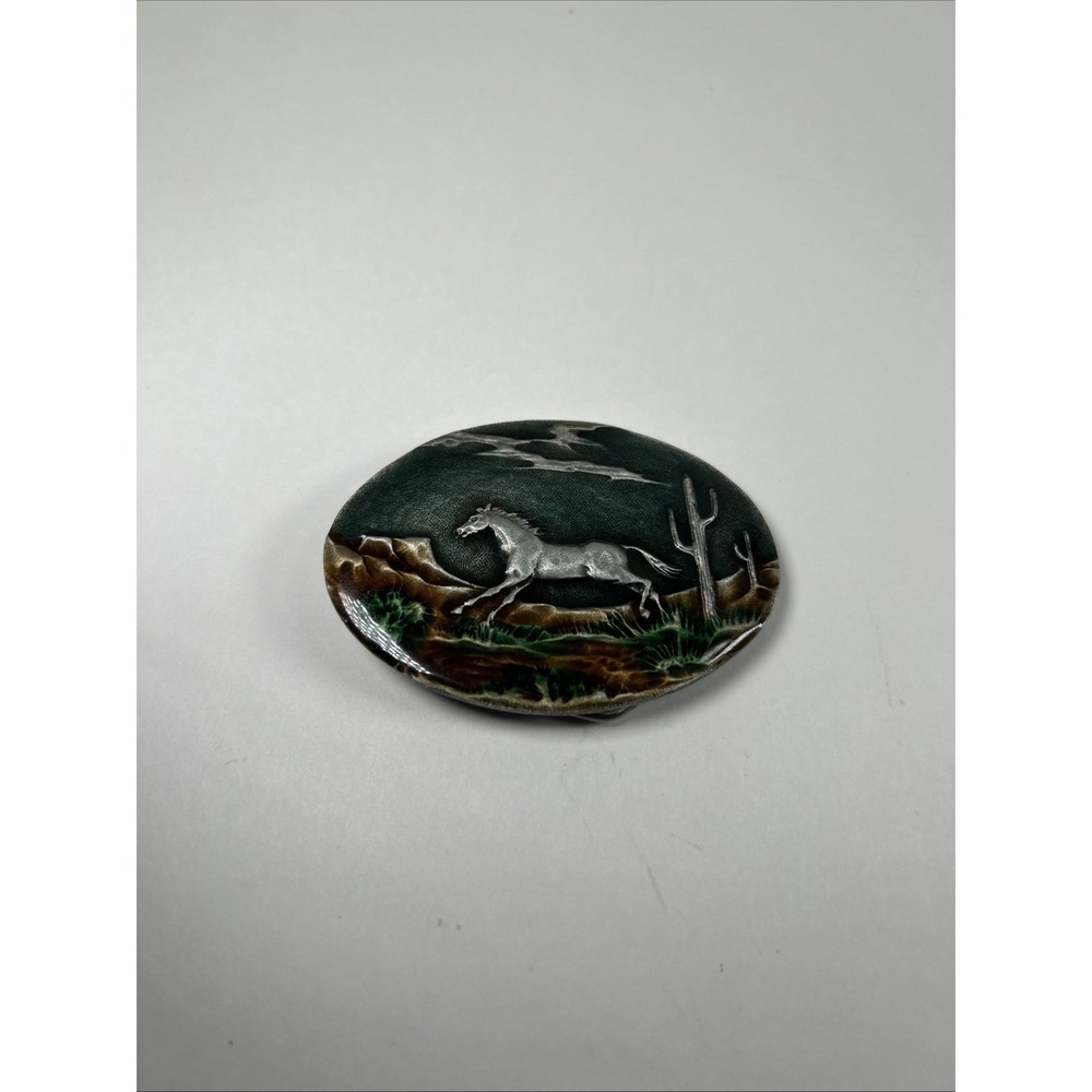 Indiana‎ Metal Craft F297 Horse Desert Landscape Enamel Belt Buckle Green